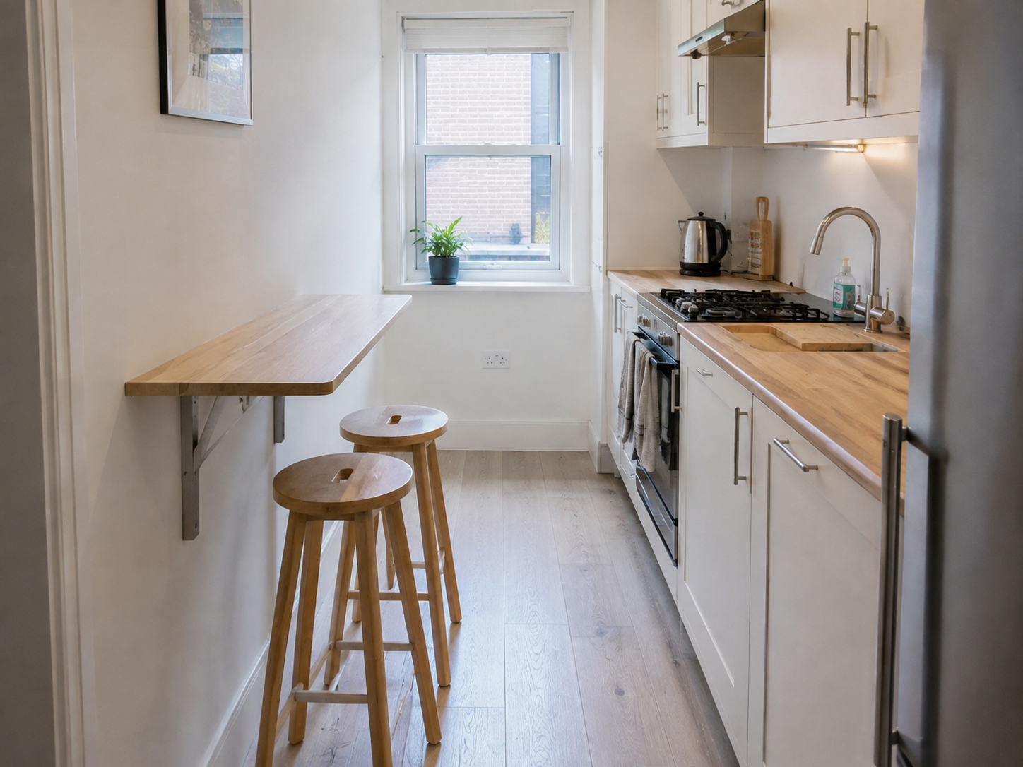 Slim wall-mounted breakfast counter saving floor space in a small renovated kitchen.