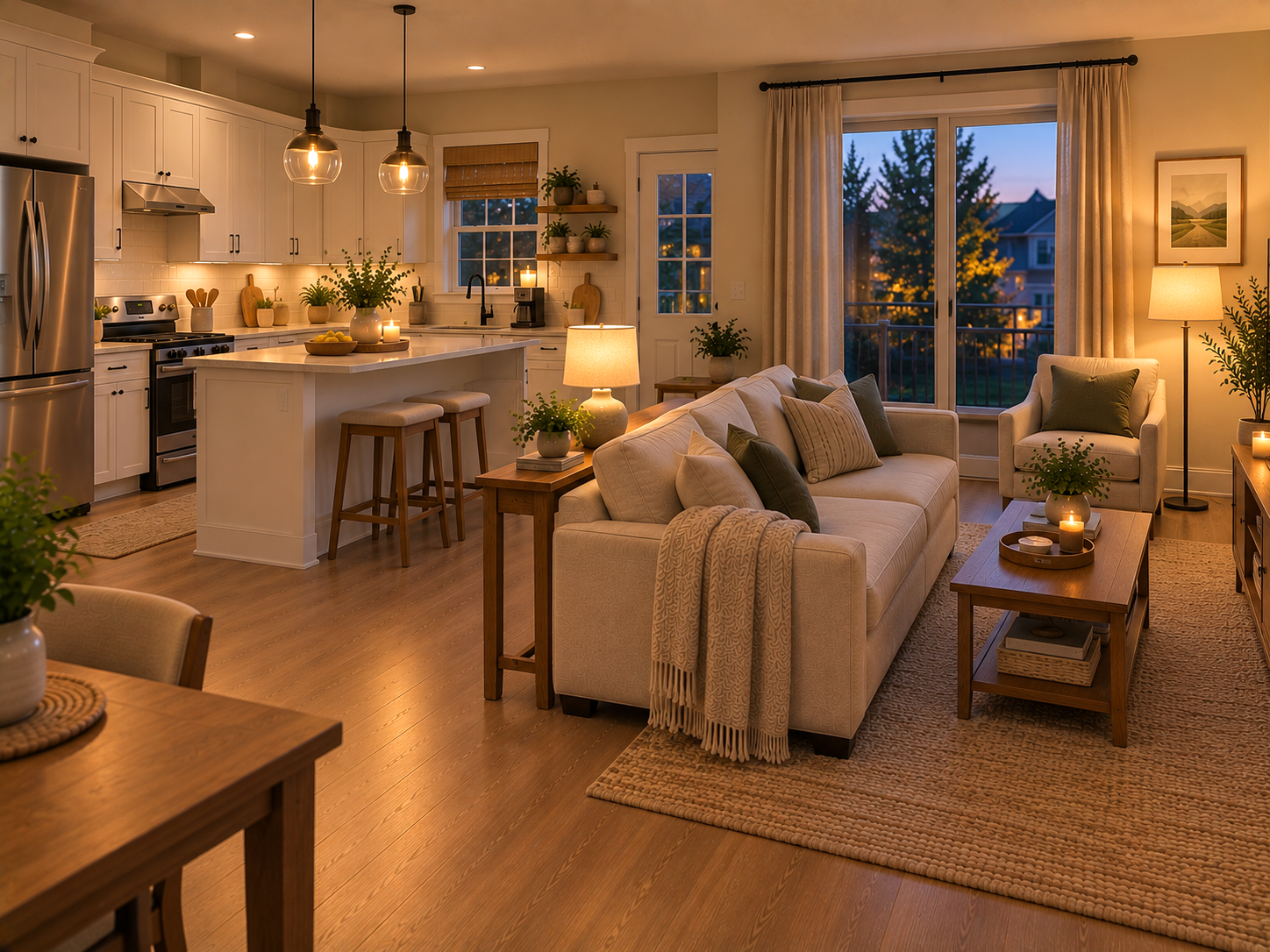 Small open-concept kitchen and living room using pendant lighting over the kitchen and warm floor and table lamps in the living area.